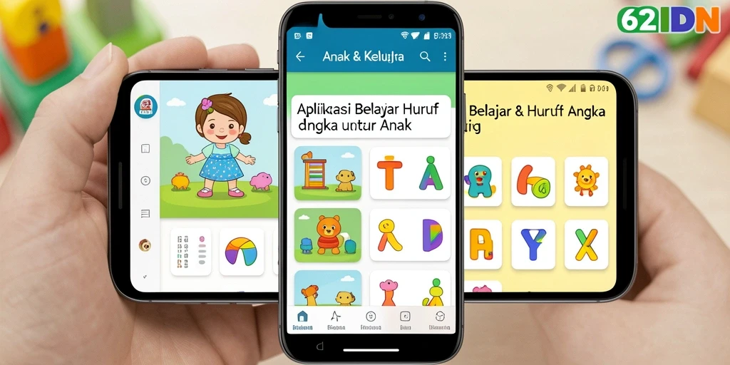 Antarmuka 62IDN menampilkan permainan belajar huruf dan angka yang menarik.