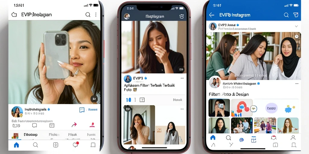 Tampilan utama EVIP3 dengan berbagai pilihan filter Instagram yang menarik.