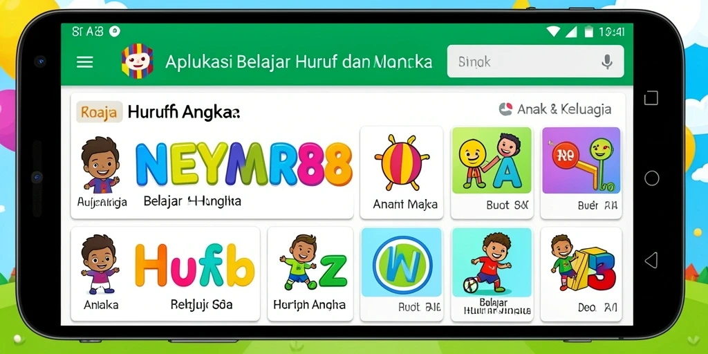 Tampilan antarmuka aplikasi NEYMAR88 untuk belajar huruf dan angka.