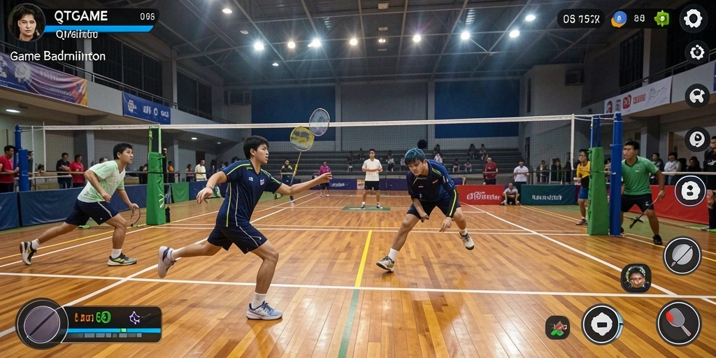 Screenshot utama QTGAME menampilkan aksi permainan Badminton yang seru.